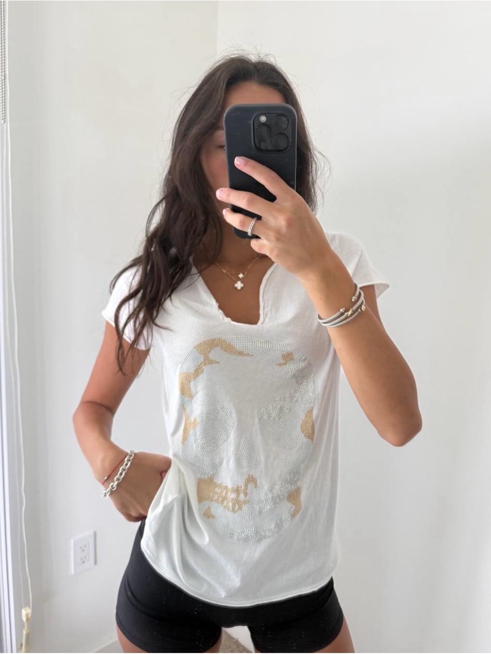 Zadig & Voltaire White Short-Sleeve Skull Tee with Gold Accent